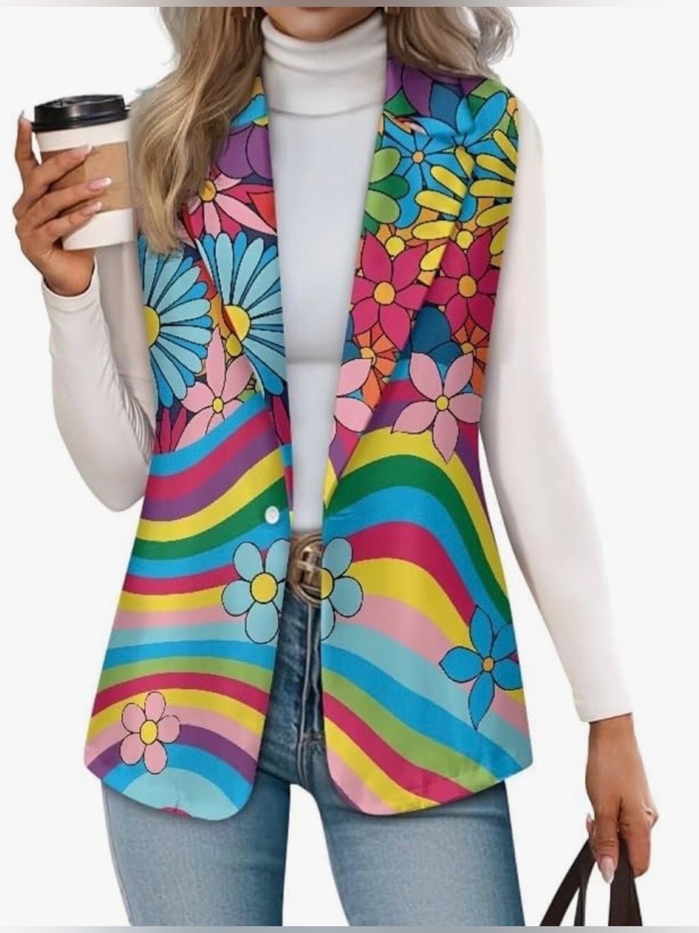 Retro Psychedelic Floral Blazer Vest Size 2XL